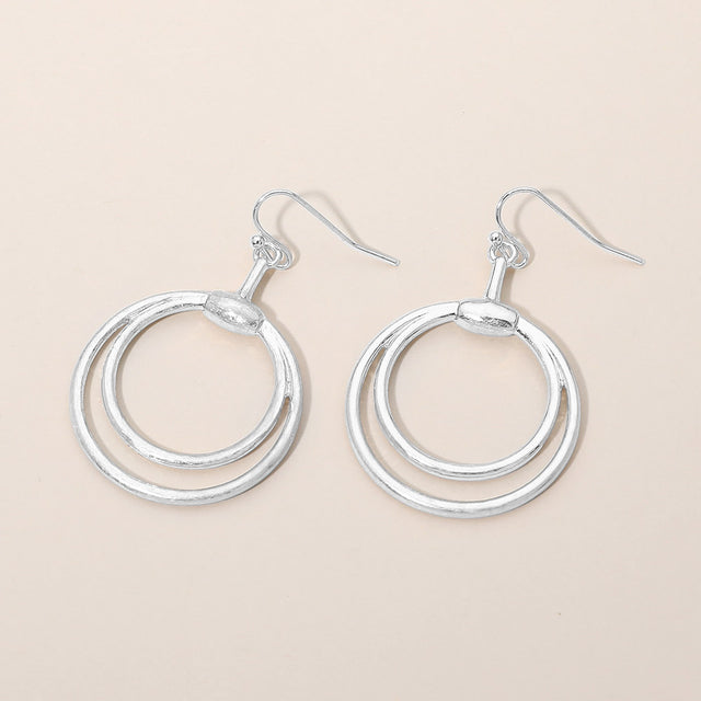 Madeline Love Worn Silver Open Metal Double Layered Circle Drop Earrings
