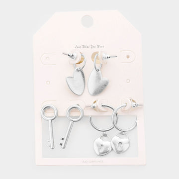 3Pairs - Metal Heart Key Lock Dangle Earrings - Worn Silver - Earrings