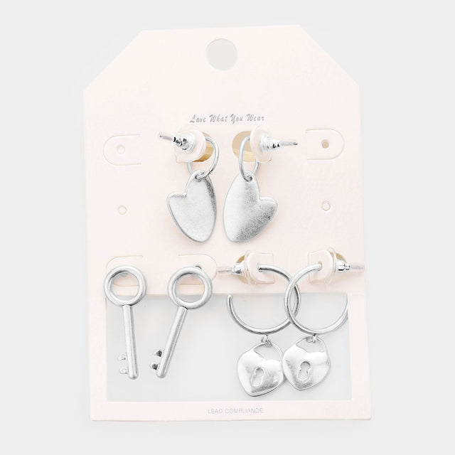 3Pairs - Metal Heart Key Lock Dangle Earrings - Worn Silver - Earrings