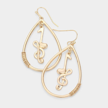 Madeline Love Worn Gold Music Nots Treble Clef Accented Open Metal Teardrop Dangle Earrings