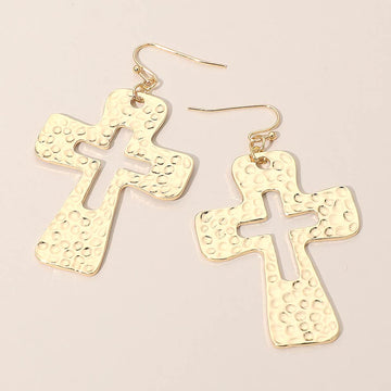 Madeline Love Gold Hammered Metal Open Cross Drop Dangle Earrings