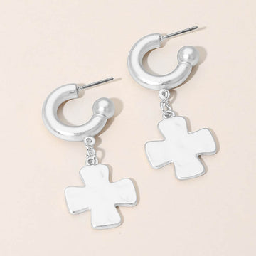 Madeline Love Silver Matte Hammered Metal Cross Charm Drop Mini Hoop Earrings