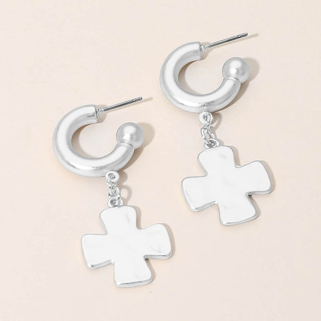 Madeline Love Silver Matte Hammered Metal Cross Charm Drop Mini Hoop Earrings