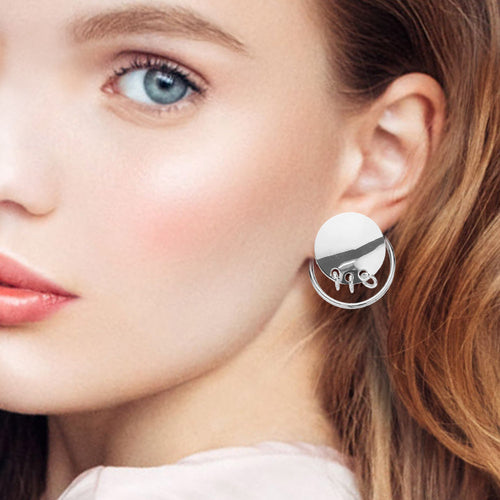 Triple Ring Linked Metal Disc Metal Hoop Earrings - Rhodium