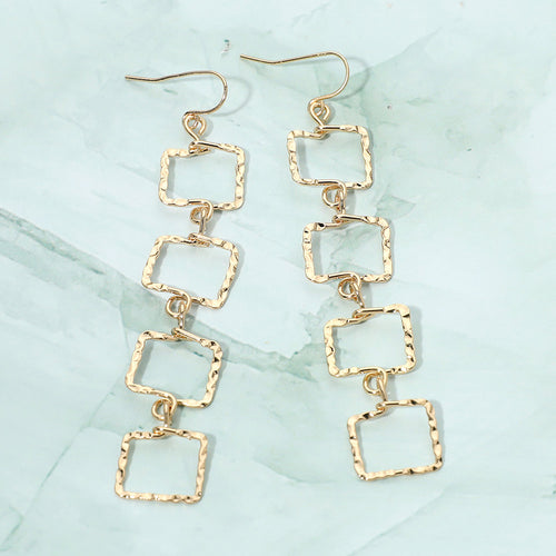Textured Metal Geometric Open Square Link Drop Earrings - Gold