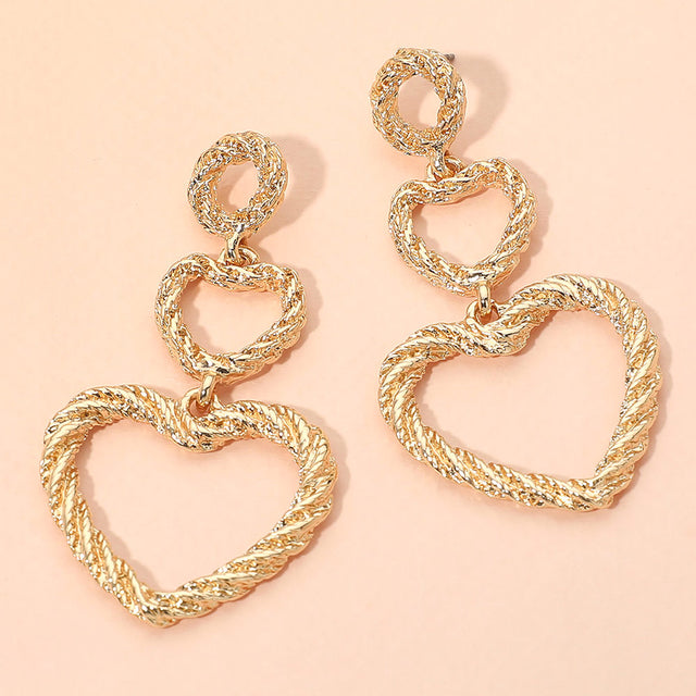 Madeline Love Gold Textured Double Open Heart Link Drop Statement Earrings