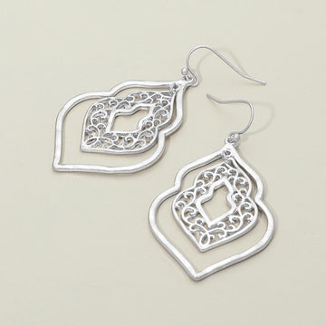 Madeline Love Worn Silver Metal Filigree Ornate Dangle Earrings