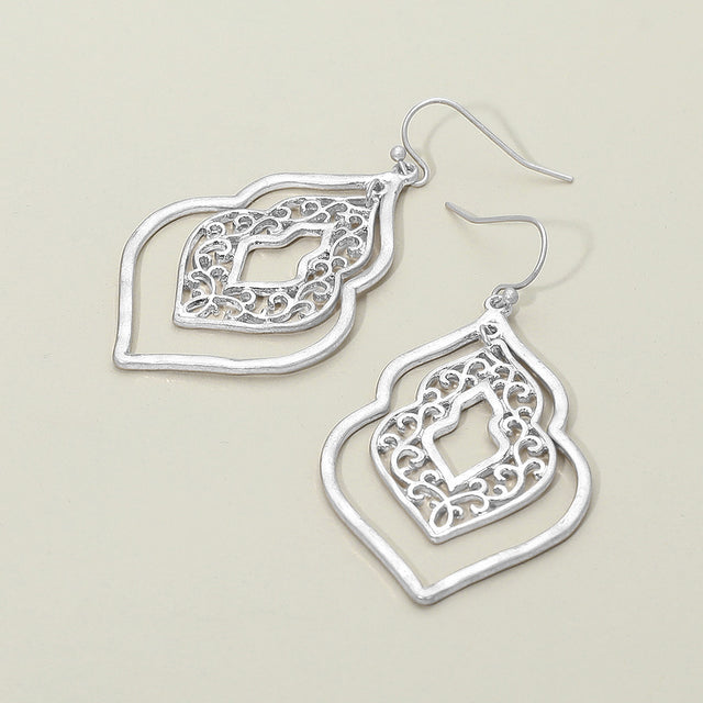 Madeline Love Worn Silver Metal Filigree Ornate Dangle Earrings