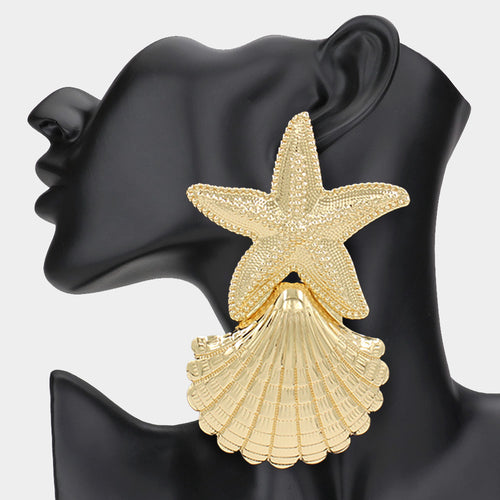 Pendientes extragrandes de metal texturizado con forma de estrella de mar y concha marina - Oro