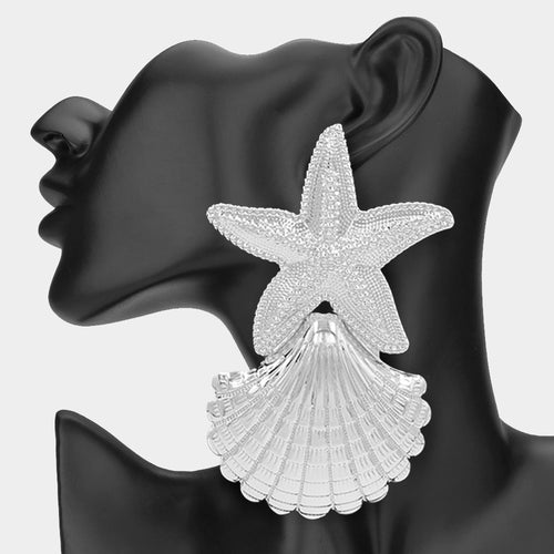 Oversized Textured Metal Starfish Sea Shell Link Earrings - Rhodium