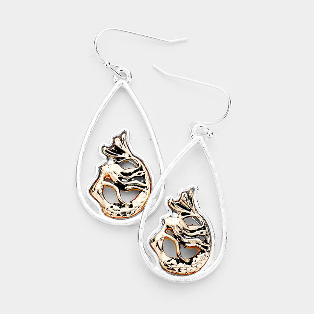 Two Tone Mermaid Metal Teardrop Earrings