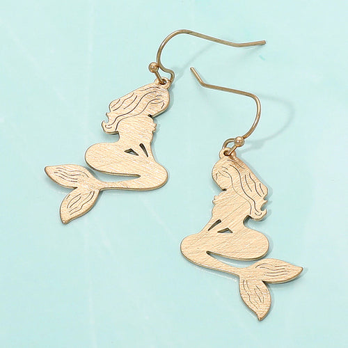 Brass Metal Mermaid Dangle Earrings - Worn Gold