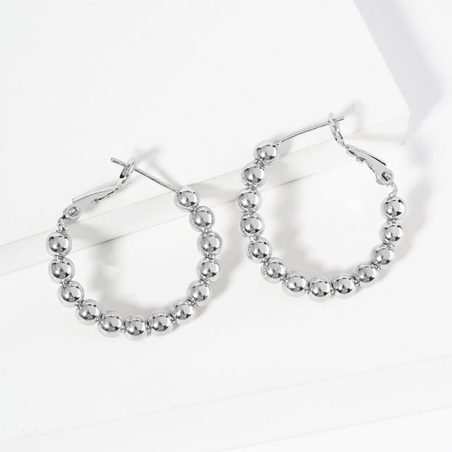 Madeline Love Rhodium White Gold Dipped Metal Ball Beaded Hoop Earrings