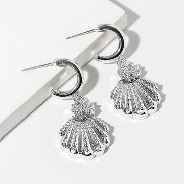 Madeline Love Rhodium White Gold Dipped Textured Scallop Shell Drop Dangle Mini Hoop Earrings