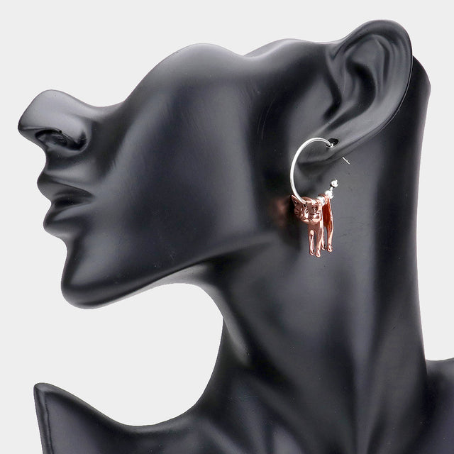 Madeline Love Two Tone Half Hoop Metal Cat Dangle Earrings