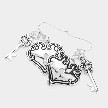 Metal Heart Lock and Key Dangle Earrings - Antique Silver - Earrings