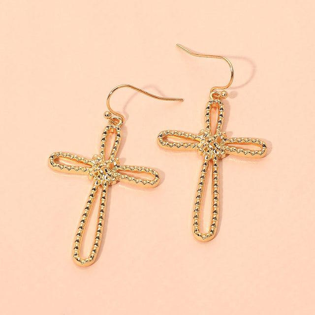 Madeline Love Gold Textured Metal Open Knot Cross Charm Drop Earrings