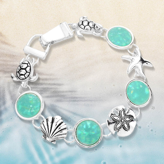 Madeline Love Antique Silver, Turquoise Sea Glass Embossed Metal Sea Life Magnetic Link Bracelet - Jewelry
