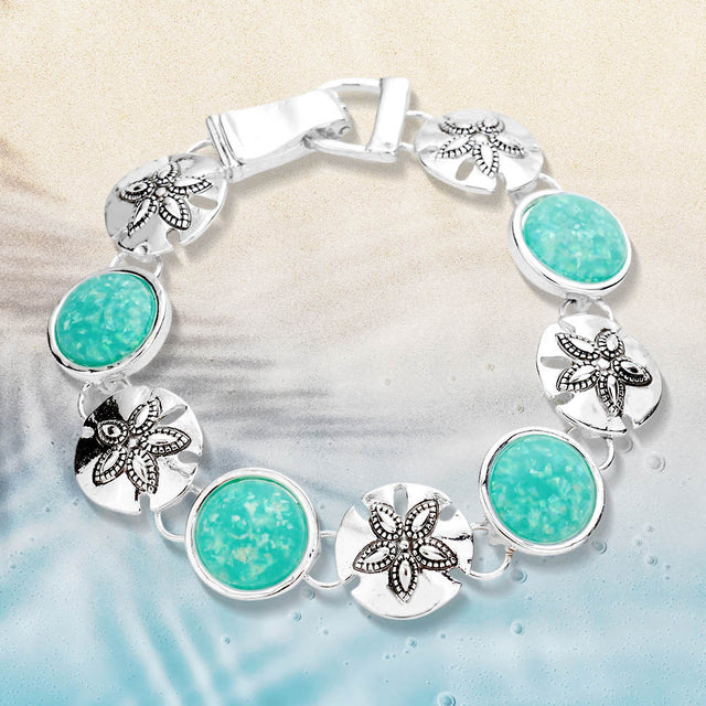 Antique Silver, Turquoise Sea Glass Embossed Metal Sand Dollar Magnetic Link Bracelet