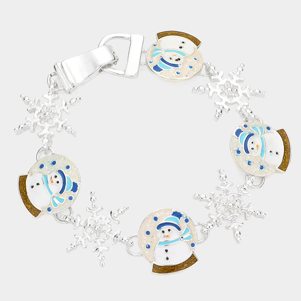 Multi Silver Enamel Snowman Link Magnetic Bracelet