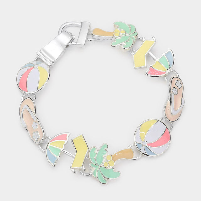 Madeline Love Multi, Silver Enamel Vacation Theme Palm Tree Flipflop Beachball Link Magnetic Bracelet - Bracelets