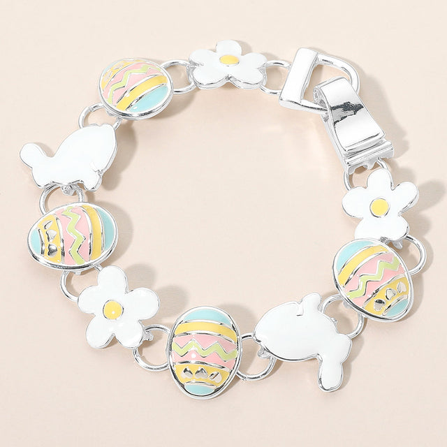 Madeline Love Multi, Silver Enamel Easter Bunny Egg Flower Link Magnetic Bracelet - Bracelets
