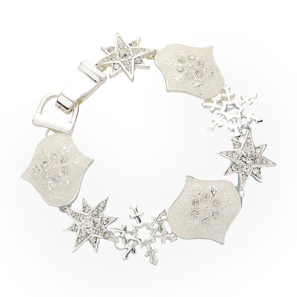 Silver Rhinestone Embellished Petal Star Snowflake Link Magnetic Bracelet