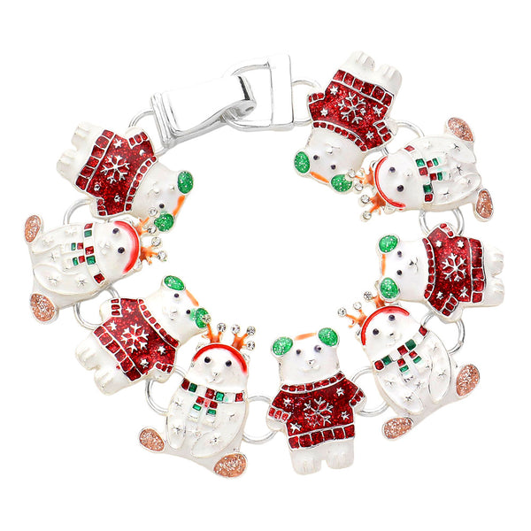 Multi Silver Enamel Christmas Bear Link Magnetic Bracelet