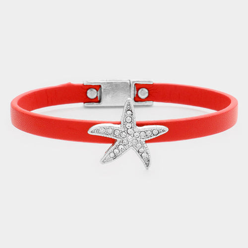 Crystal starfish accented faux leather bracelet - Red, Rhodium
