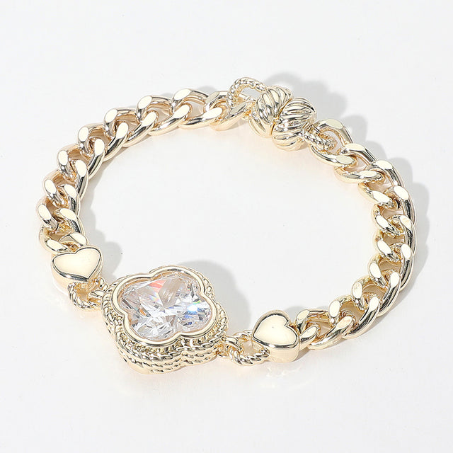 Madeline Love Clear, Gold 14K Gold Plated CZ Quatrefoil Stone Pointed Magnetic Bracelet