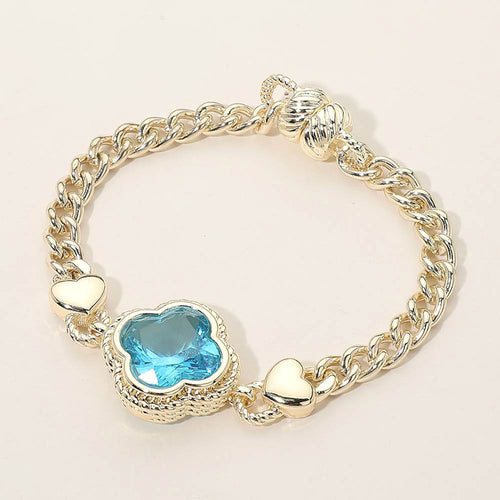 14K Gold Plated CZ Quatrefoil Stone Pointed Magnetic Bracelet - Blue, Gold