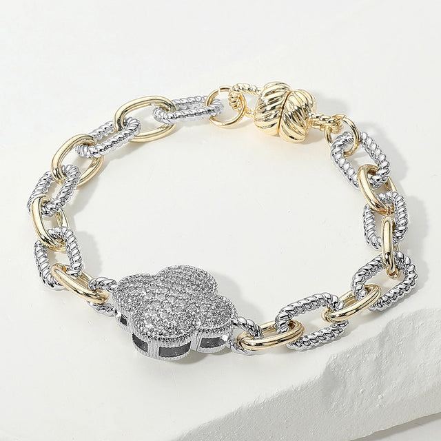 Madeline Love Two Tone 14K Gold Plated CZ Stone Paved Quatrefoil Charm Accent Two Tone Chain Magnetic Bracelet