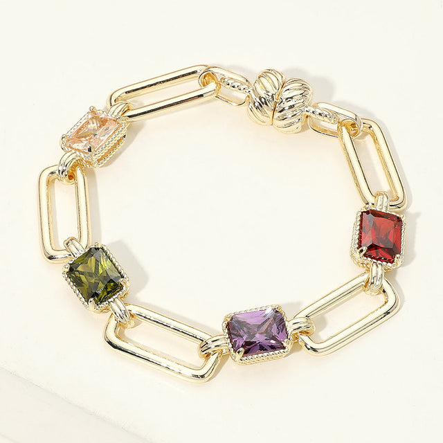 Madeline Love Gold, Multi 14K Gold Plated Square CZ Cluster Oval Link Magnetic Bracelet