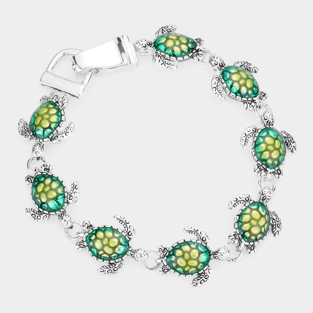 Multi, Silver Enamel Sea Turtle Link Magnetic Bracelet