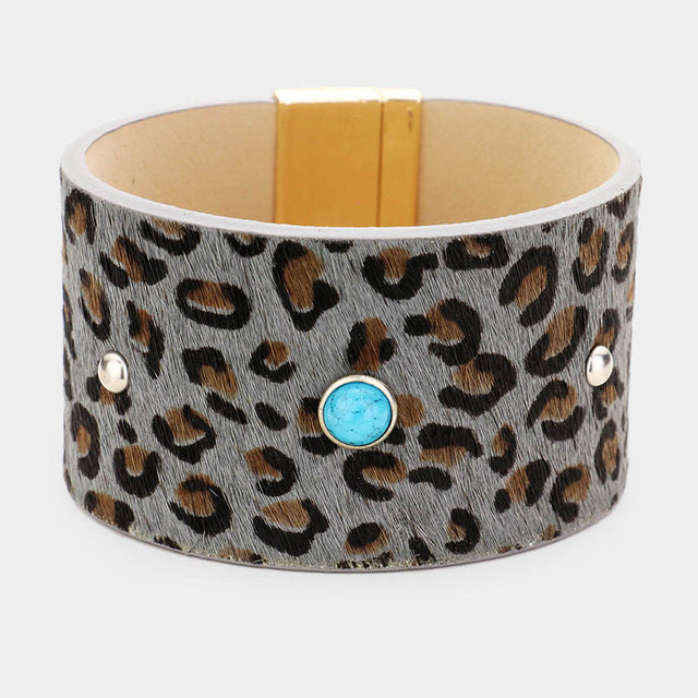 Madeline Love Gold, Gray, Turquoise Leopard Leather Turquoise Round Magnetic Bracelet - Bracelets