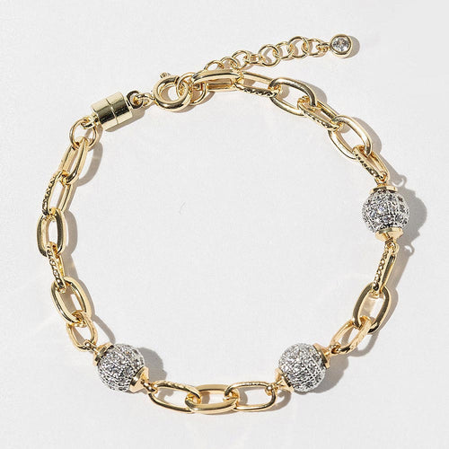 Gold Dipped CZ Stone Paved Ball Accent Oval Link Chain Bracelet - Clear, Gold