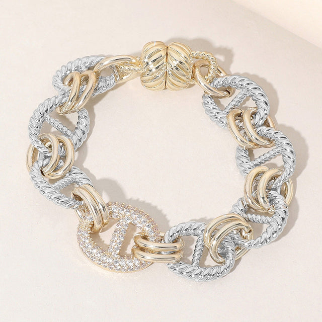 Madeline Love Two Tone 14K Gold Plated CZ Stone Paved Link Magnetic Bracelet