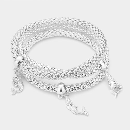 3PCS - Rhinestone Embellished Metal Mermaid Charm Stretch Bracelets - Silver