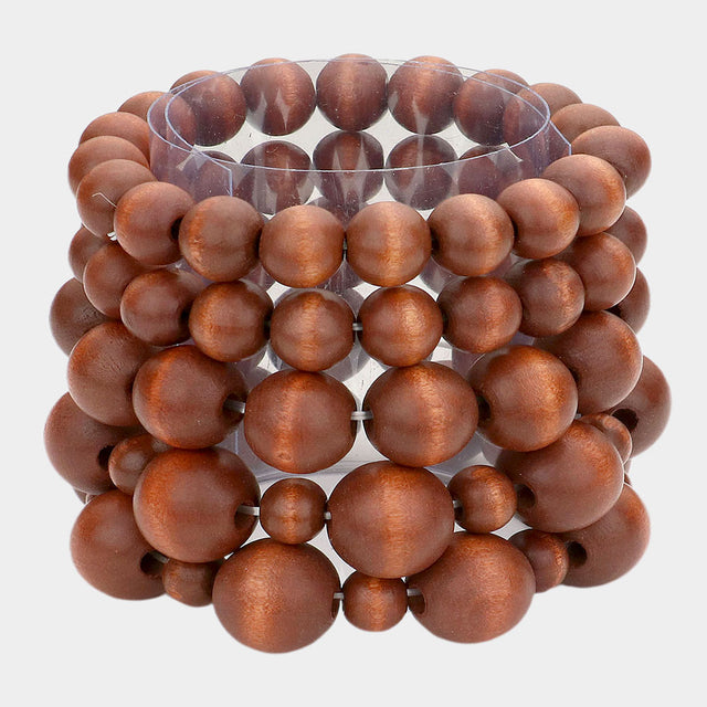 Madeline Love Dark Brown 5PCS - Wood Ball Stack Stretch Bracelets - Jewelry