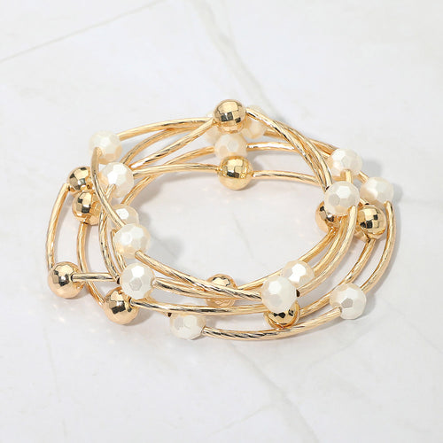 5PCS - Ball Metal Bar Beaded Stretch Multi Layered Bracelets - Black, Gold