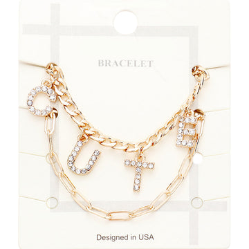 Madeline Love Clear, Gold 2PCS - CUTE Rhinestone Embellished Metal Chain Bracelets