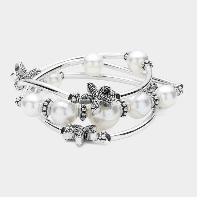 Antique Silver, White 3PCS - Antique Silver Starfish Pointed Pearl Stretch Multi Layered Bracelets