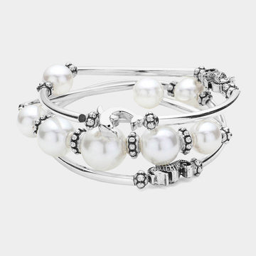 Madeline Love Antique Silver, White 3PCS - Antique Silver Dolphin Sea Horse Pointed Pearl Stretch Multi Layered Bracelets