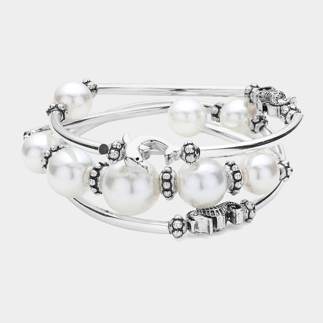 Madeline Love Antique Silver, White 3PCS - Antique Silver Dolphin Sea Horse Pointed Pearl Stretch Multi Layered Bracelets
