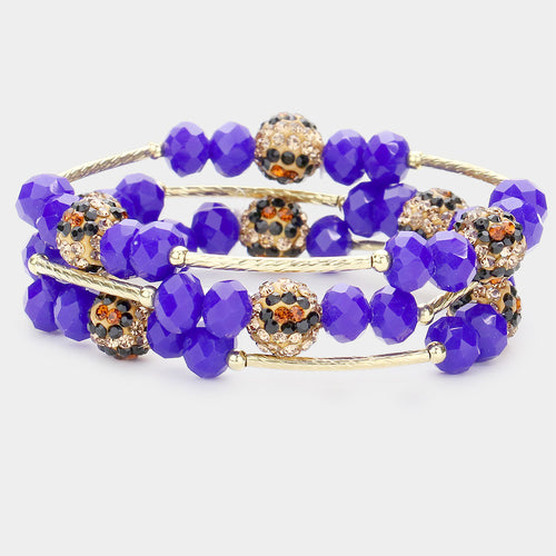 3PCS - Leopard Patterned Shamballa Ball Faceted Beaded Stretch Bracelets - Royal Blue