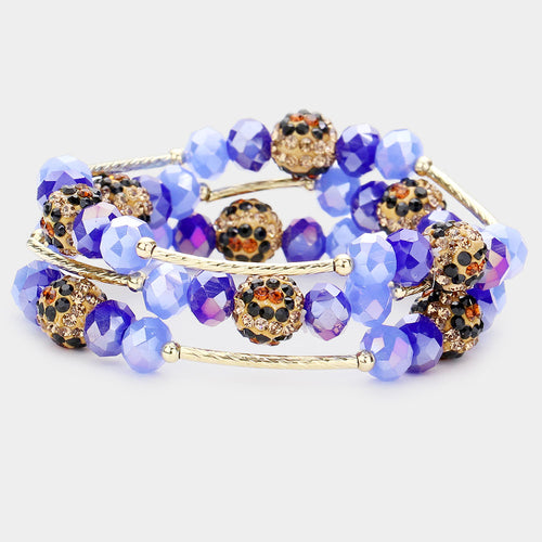 3PCS - Leopard Patterned Shamballa Ball Faceted Beaded Stretch Bracelets - Blue, Multi