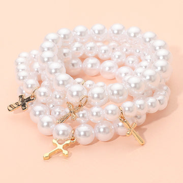 Madeline Love Gold 5PCS - Metal Cross Charm Pearl Beaded Stretch Multi Layered Bracelets