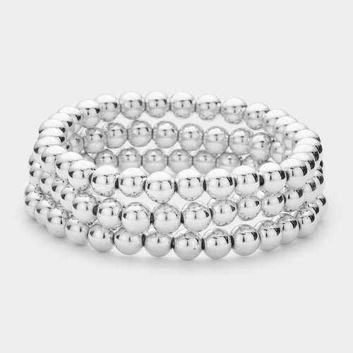 3PCS - Metal Ball Stretch Bracelets - Rhodium