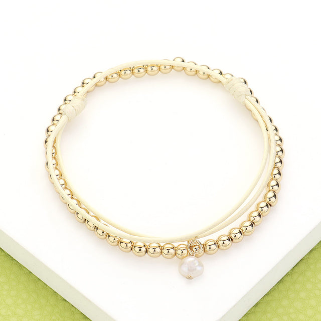 Madeline Love Gold, Ivory 2PCS - Metal Ball Stretch Pearl Charm Adjustable Bracelets