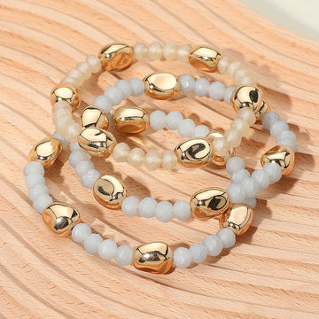 Madeline Love Gold, Neutral 3PCS - Worn Metal Pebble Beaded Stretch Multi Layered Bracelets